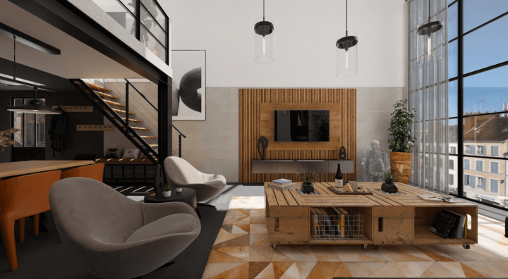 Open layout for indutrial living room