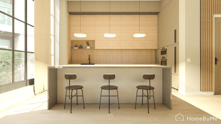 Rendu réaliste 3D d'une cuisine avec îlot central
