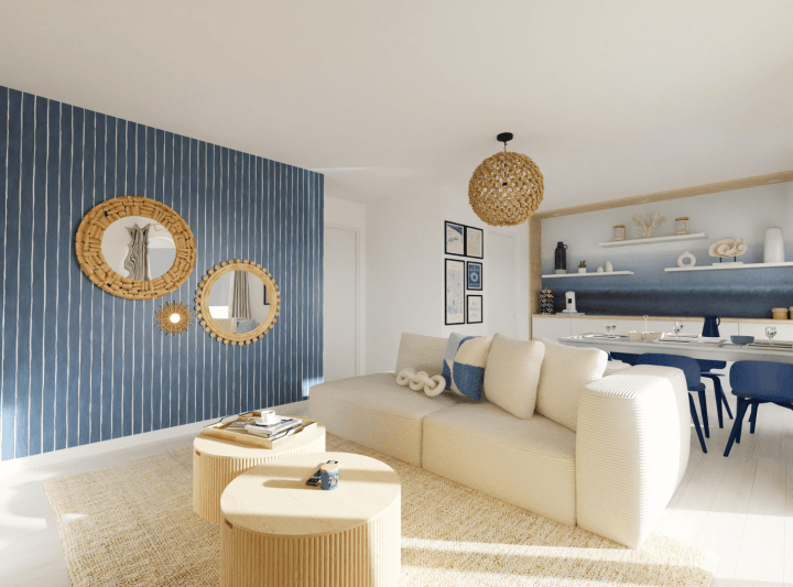 Exemple de salon et cuisine ouverte décorés dans un style bord de mer