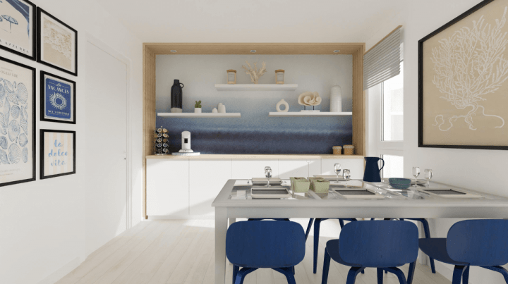 Open kitchen 3d floor plan in coastal style