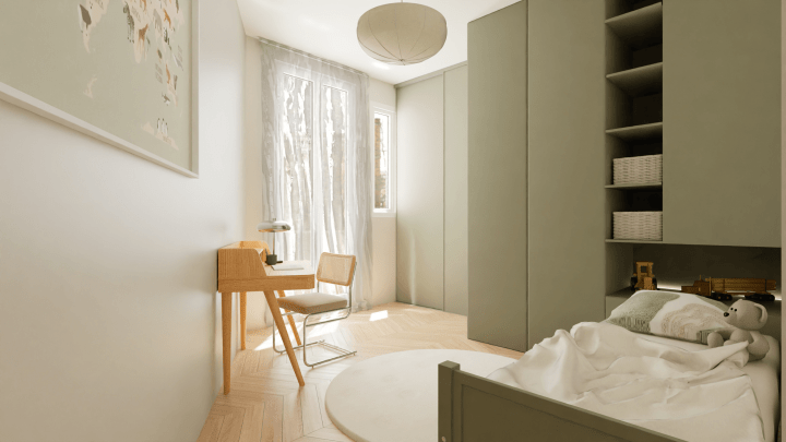 Rendu 3D chambre enfant vert sauge et bois clair, bureau scandinave et rangement mural intégré.