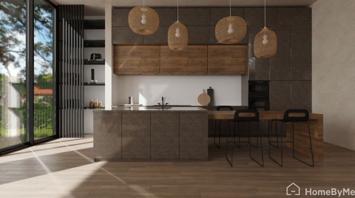 Rendu réaliste de plan 3D de cuisine ouverte