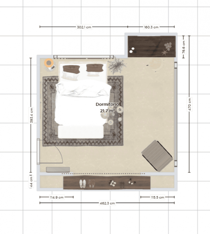 Plano 2D de dormitorio realizado con un software de planos gratuito en línea