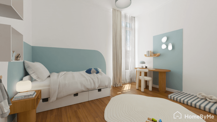Quarto infantil azul e branco com tapete branco