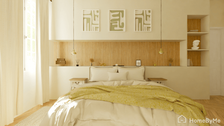 Plano de quarto verde e branco em 3D de estilo japandi