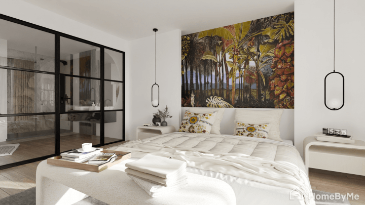 Plano de quarto 3D de estilo contemporaneano, branco e preto