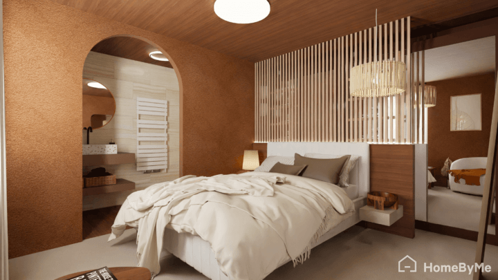 Quarto de cor terracota com sala de banho