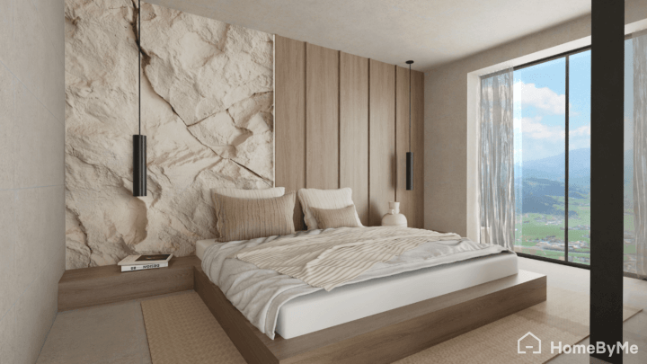 Grande quarto de estilo japandi para um casal