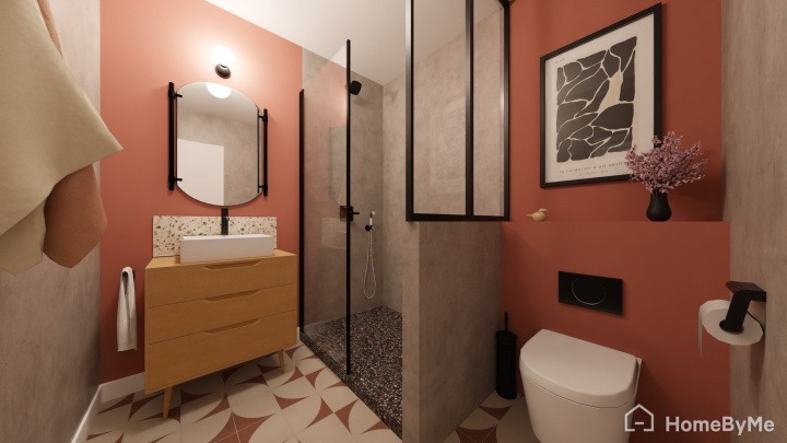 Imagen realista en 3D creada en HomeByMe de un cuarto de baño boho