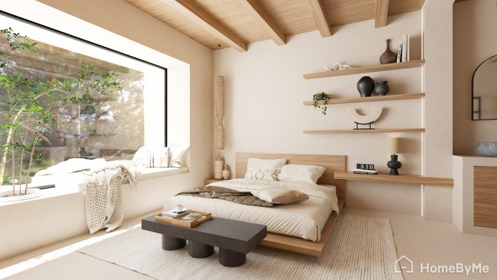 Imagen realista en 3D creada en HomeByMe de un dormitorio japandi