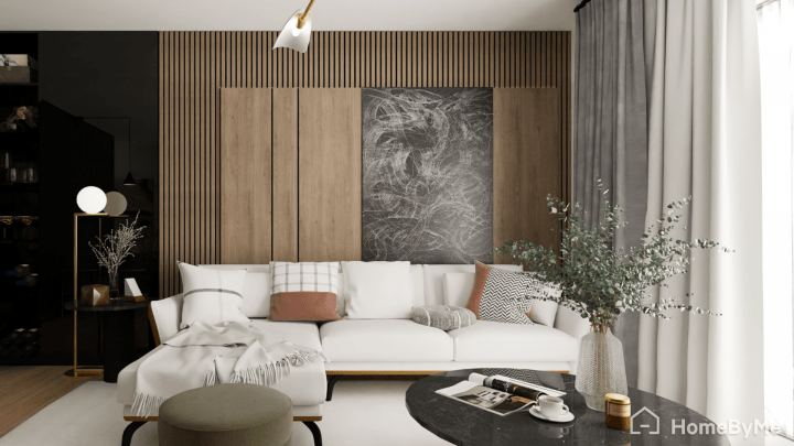 Imagen realista en 3D creada en HomeByMe de una sala de estar japandi