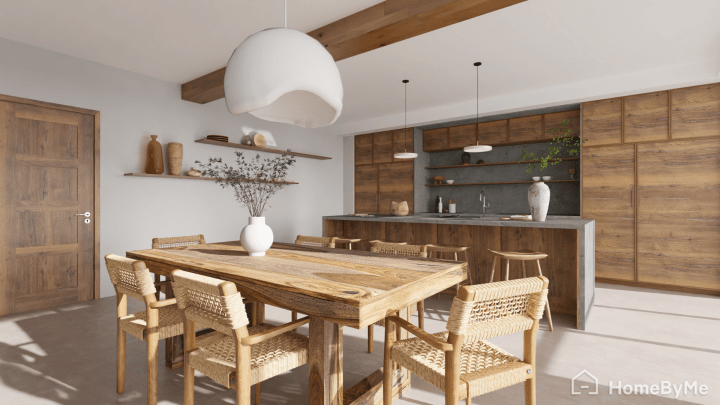 Imagen realista en 3D creada en HomeByMe de un comedor wabi-sabi