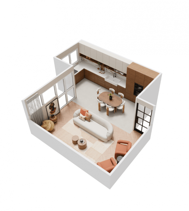 LP SEO Salon Salle à manger plan 3D vue de côté d'un projet homebyme