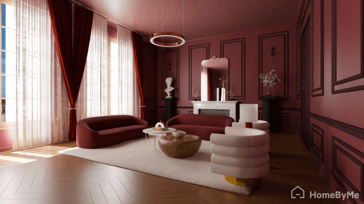 Realistic image of a red velvet stylish living room generated with Homebyme planner