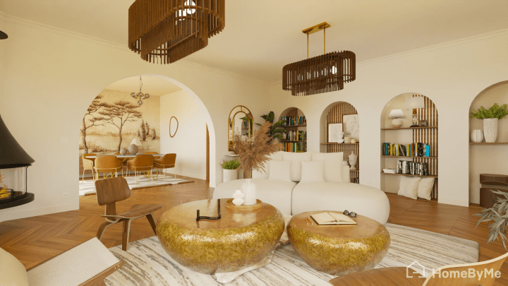 Realistic image of a artistic white and brown curved living room generated with Homebyme planner