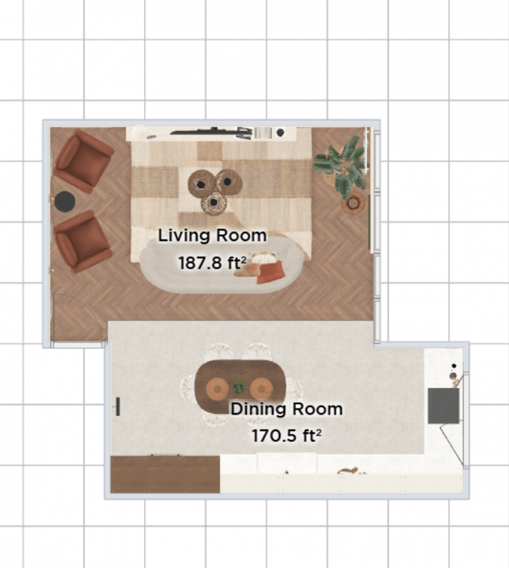 Living room 2D plan of a mid-century living room generated with Homebyme planner
