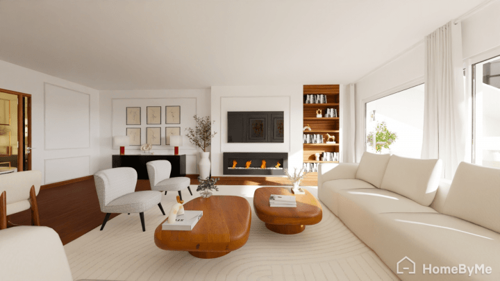 Realistic image of a contemporary white and luxurious living room generated with Homebyme planner