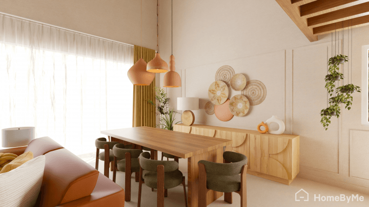 Realistic image of a peach fuzz color dining room generated with Homebyme planner