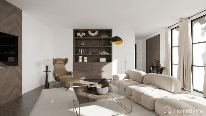 Realistic image of a trendy grey living room generated with Homebyme planner