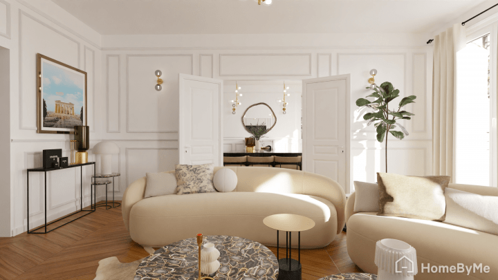 Realistic image of a modern stylish living room with rounded furniture generated with Homebyme planner