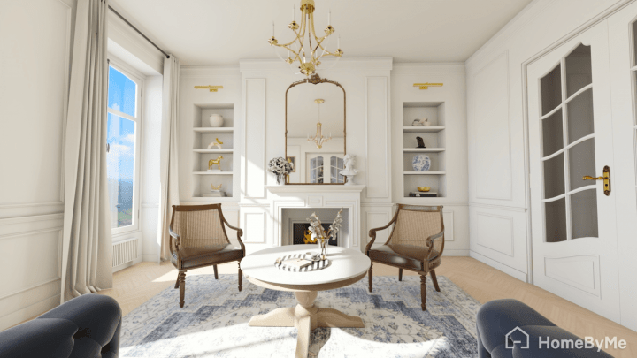 Realistic image of a parisien white and gold living room generated with Homebyme planner