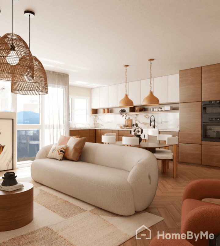 Realistic image of a mid-century luxurious style living room generated with Homebyme planner