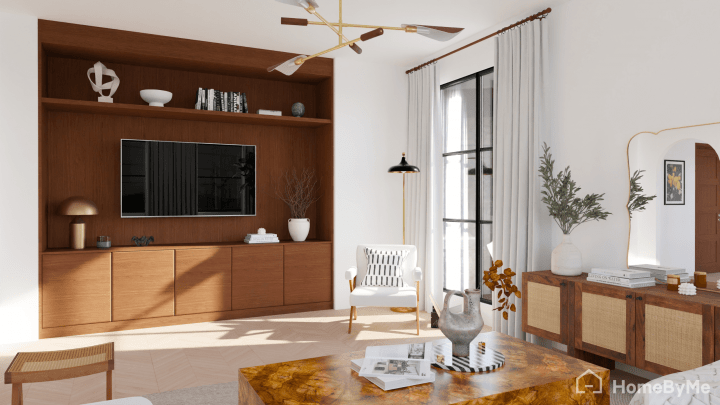 Rendu réaliste d'un salon 3D chaleureux de style vintage avec mobilier en bois noble