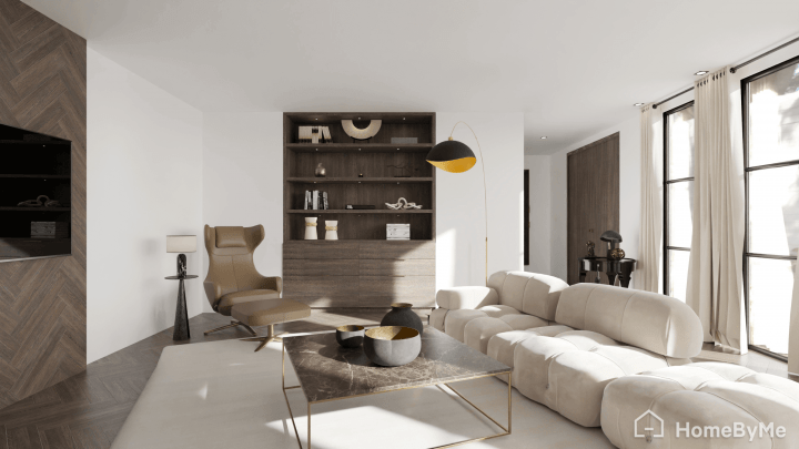 Rendu réaliste d'un salon 3D de style contemporain avec meubles gris, en matériaux divers (verre, marbre, ciment).