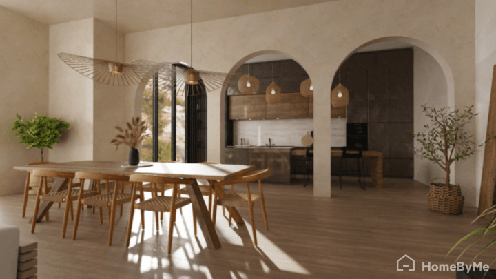 rendu realiste de plan 3d cuisine avec alcolve entre la cuisine et le salon