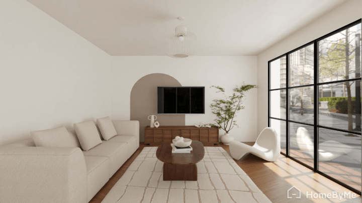 Idée de peinture arrondie horizontale décalée beige sur le mur du meuble télé dans un salon moderne