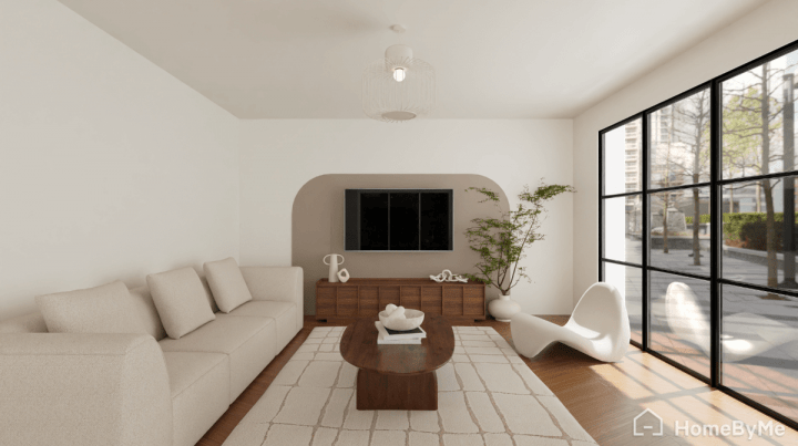 Idée de peinture arrondie horizontale décalée beige sur le mur du meuble télé dans un salon moderne