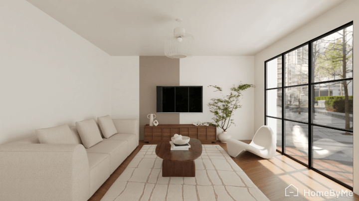 Idée de peinture en bande verticale décalée beige autour de la télé dans un salon moderne