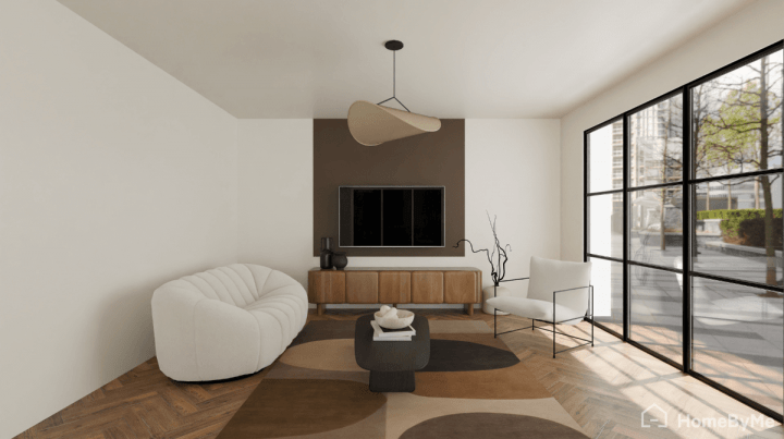 idée de peinture demi-bande de marron sur le mur du meuble télé dans un salon moderne