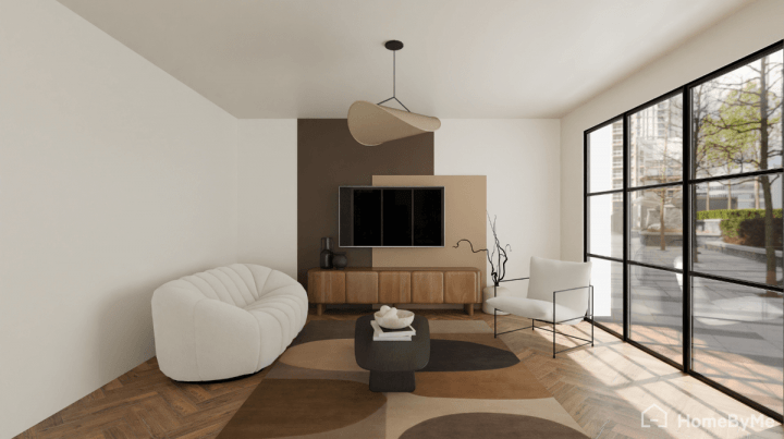 idée de peinture double bandes de marron et beige sur le mur du meuble télé dans un salon moderne