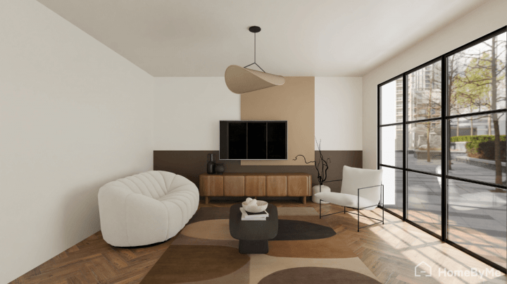 idée de peinture avec deux bandes croisées de marron et beige sur le mur du meuble télé dans un salon moderne