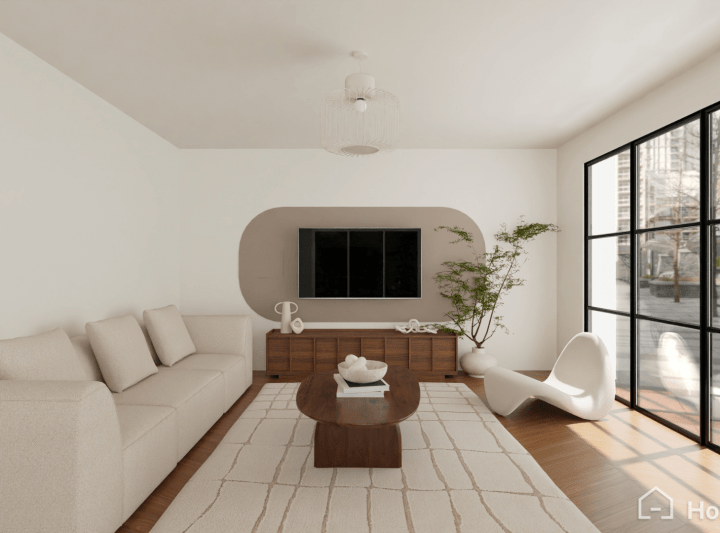 Idée de peinture arrondie vertical beige sur le mur du meuble télé dans un salon moderne