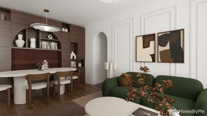 Rendu réaliste d'un salon tendance aux couleurs vertes chaleureuses et bois foncés