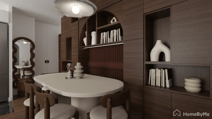 Rendu réaliste d'une bibliothèque tendance de couleur marron