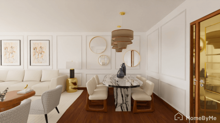 Rendu réaliste d'un salon tendance aux teintes beige et boisées