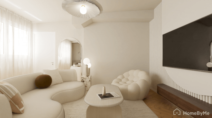 Rendu réaliste d'un salon tendance aux teintes beige et avec une bonne luminosité