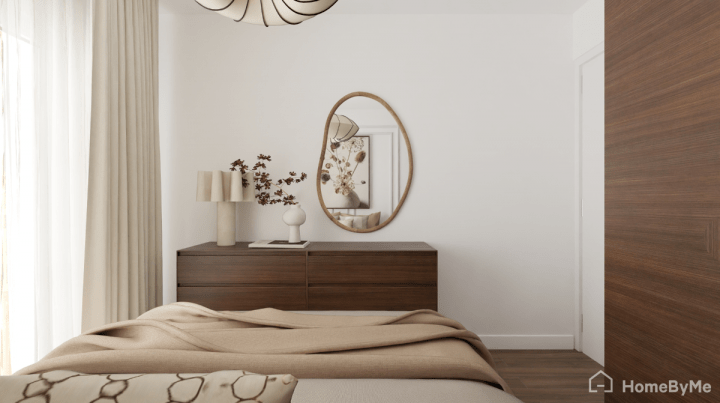Rendu réaliste d'une chambre tendance aux teintes beige et avec une bonne luminosité