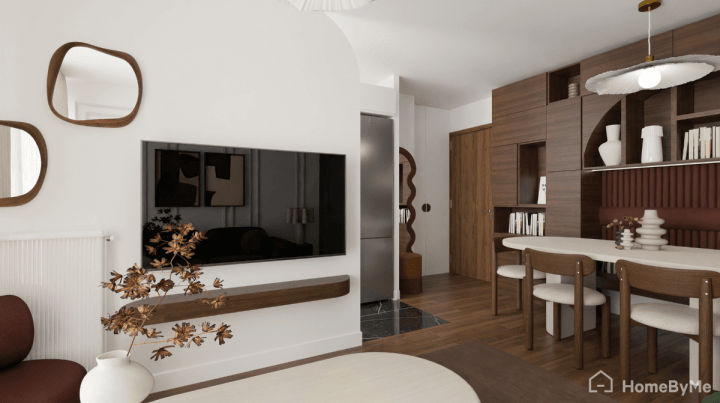 Representación realista de un rincón de TV moderno con tonos verdes cálidos y madera oscura