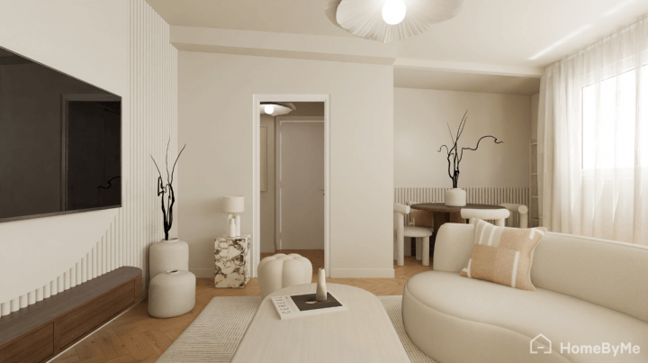 Representación realista de una sala de estar moderna en tonos beige y madera