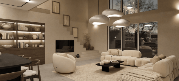 Representación realista de una sala de estar tendancia