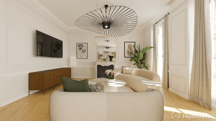 Representación realista de una sala de estar moderna con acentos vintage