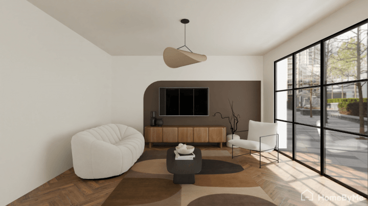 Unique brown arch paint idea on the TV unit wall in a modern living room