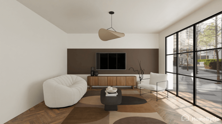 Straight-line brown paint idea on the TV unit wall in a modern living room
