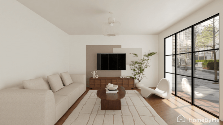 Paint idea with double beige and creme bands on the TV unit wall in a modern living room