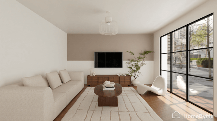 Offset vertical beige band paint idea around the TV in a modern living room