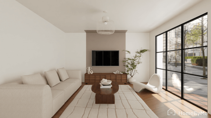 Central vertical beige band paint idea around the TV in a modern living room